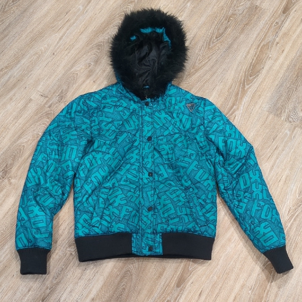 💙🖤💙Fox Black and Teal Hooded Jacket Women's size Large💙🖤💙